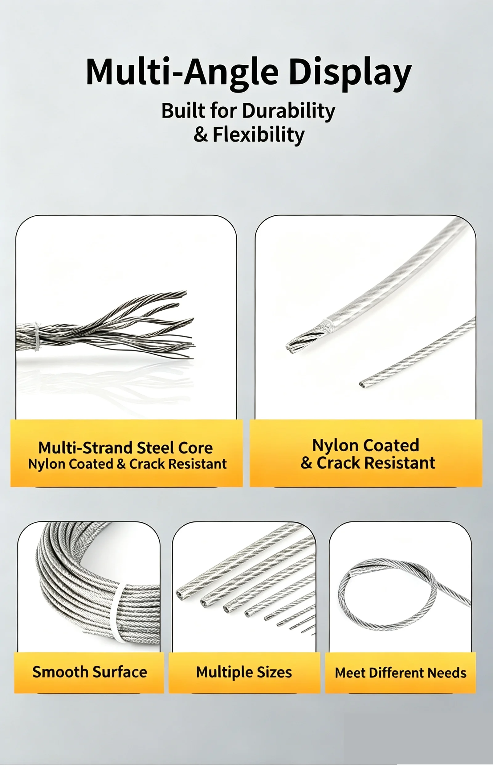 NYLON Coated Wear Resistant 1mm 1.5mm 2mm 3mm 4mm 304 Stainless Steel Hard Wire Rope Plastic Coated Steel Cable