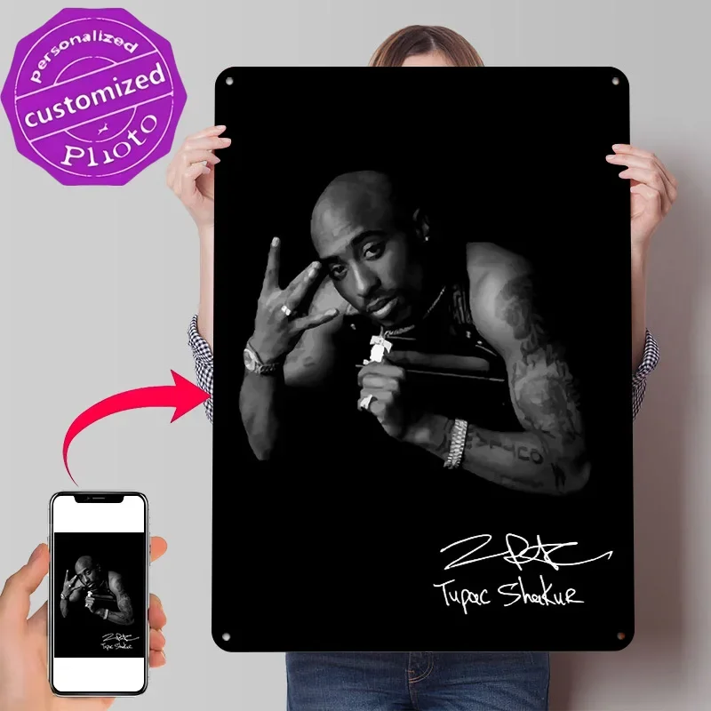 Tupac Shakur Portrait With Signature Poster Retro 3D Printed Metal Signs Customized Wall Hanging Gift for Decoration Aesthetic