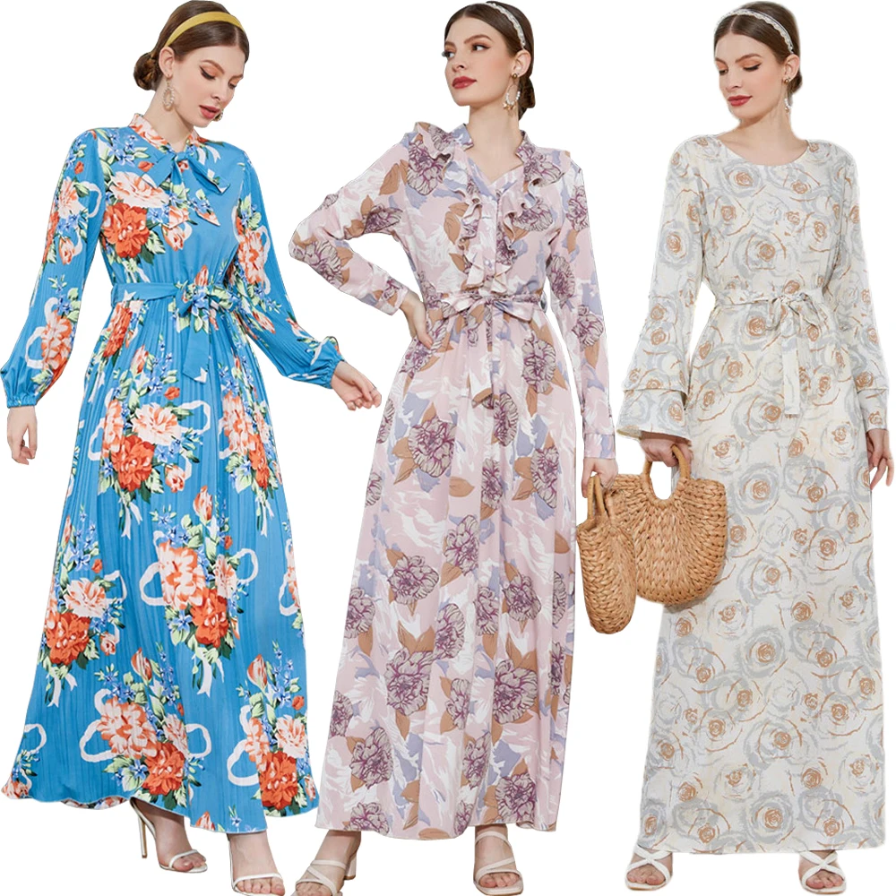 

Boho Floral Print Casual Beach Maxi Dress A Line Muslim Fashion Spring Long Sleeve Women Dress Elegant Party Travel Vestidos