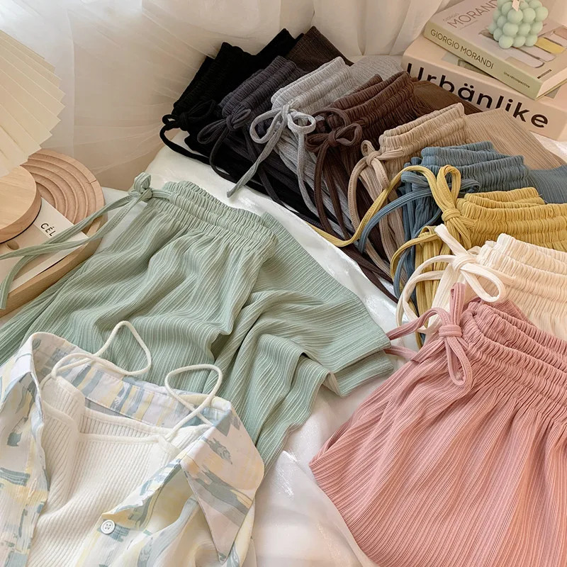 High Waist Wide Leg Pants Women's Summer Ice Silk Straight Leg Casual Trousers Texture Sensation Short Stature High Rise