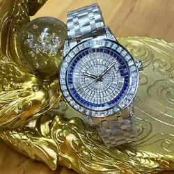 42MM Deluxe Diamond Set with Silver Strap and Silver Blue Dial Automatic Mechanical Men's Watch Shining Dial Button