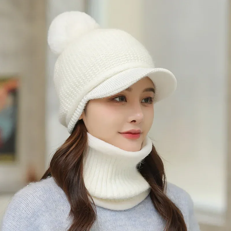 Autumn and winter women knitted duck tongue two piece set rabbit fur warm baseball cap ear protection neck and waist woolen hat