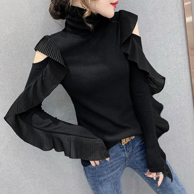 

New Korean Fashion Casual Ruffle Splicing Woman T Shirts for Women Sexy Tops Ladies Slim Clothing Female Girls Aesthetic Clothes