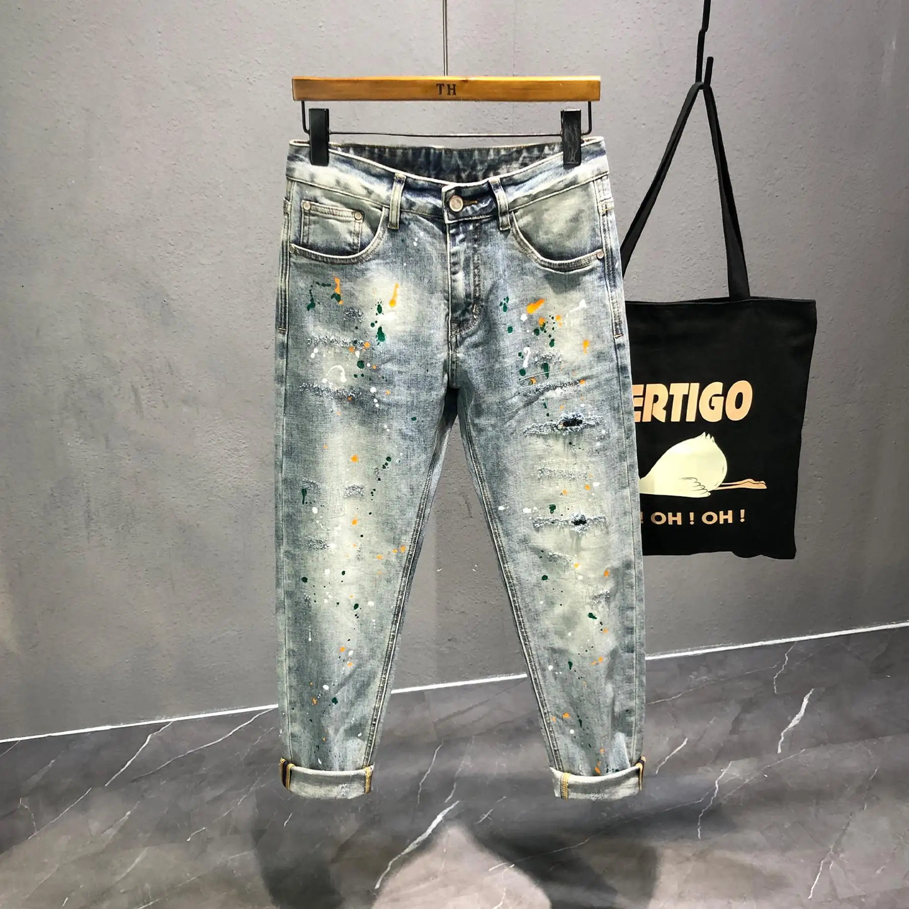 

Summer Fashion Men's Paint Splatter Denim Jeans Low Waist Straight Leg Slim Fit Casual Wear Tear Detailing Light Blue Color
