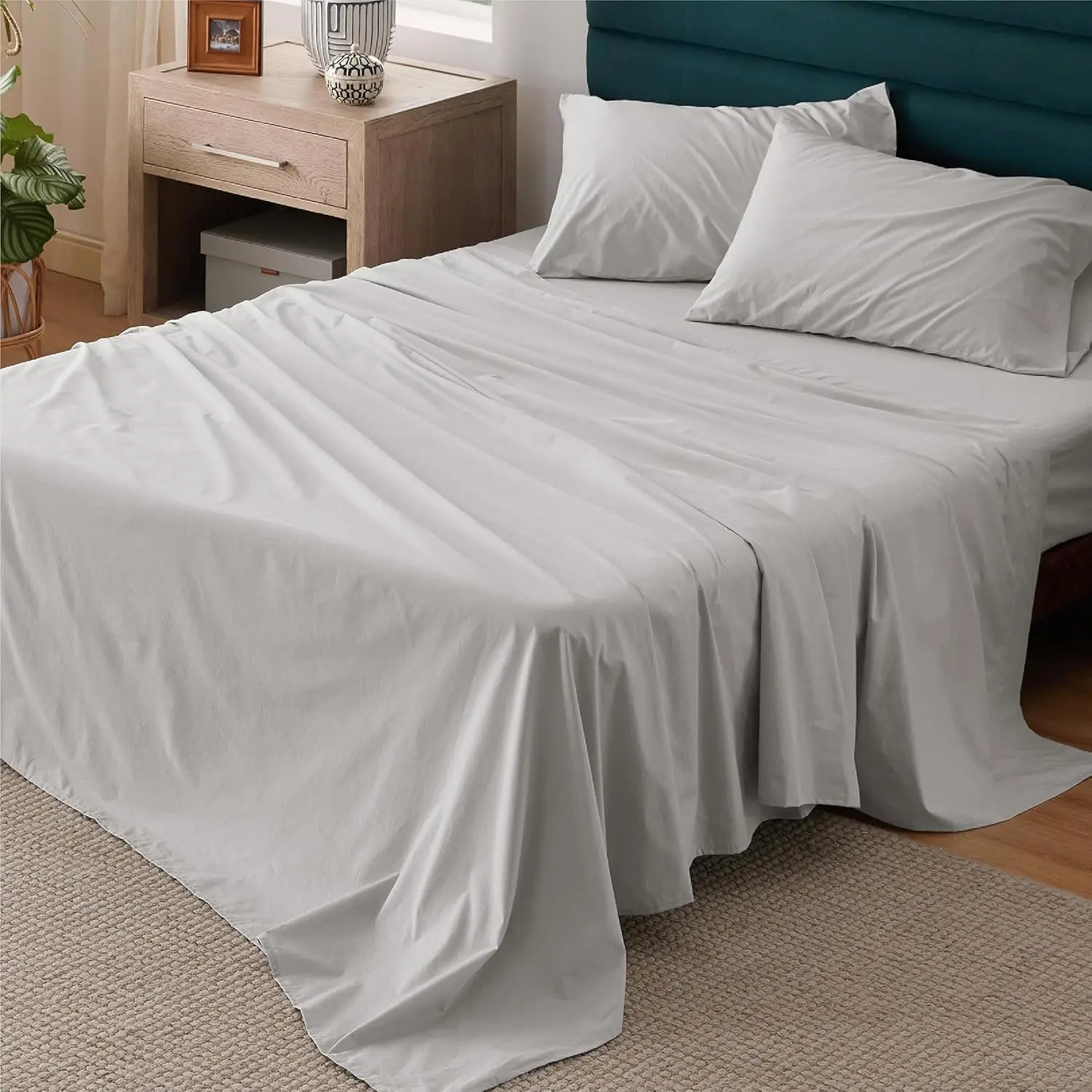 

Комплект постельного белья Queen Size из хлопкового перкаля, с глубокими карманами до 16 дюймов, дышащий и мягкий, 4 предмета, серый цвет