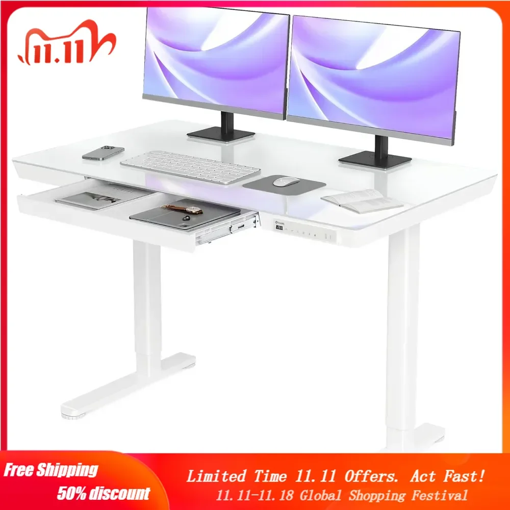 Glass Standing Desk with Drawers, 48×24 Inch Adjustable Stand Up Desk, Quick Install Home Office Computer Desk with USB Ports