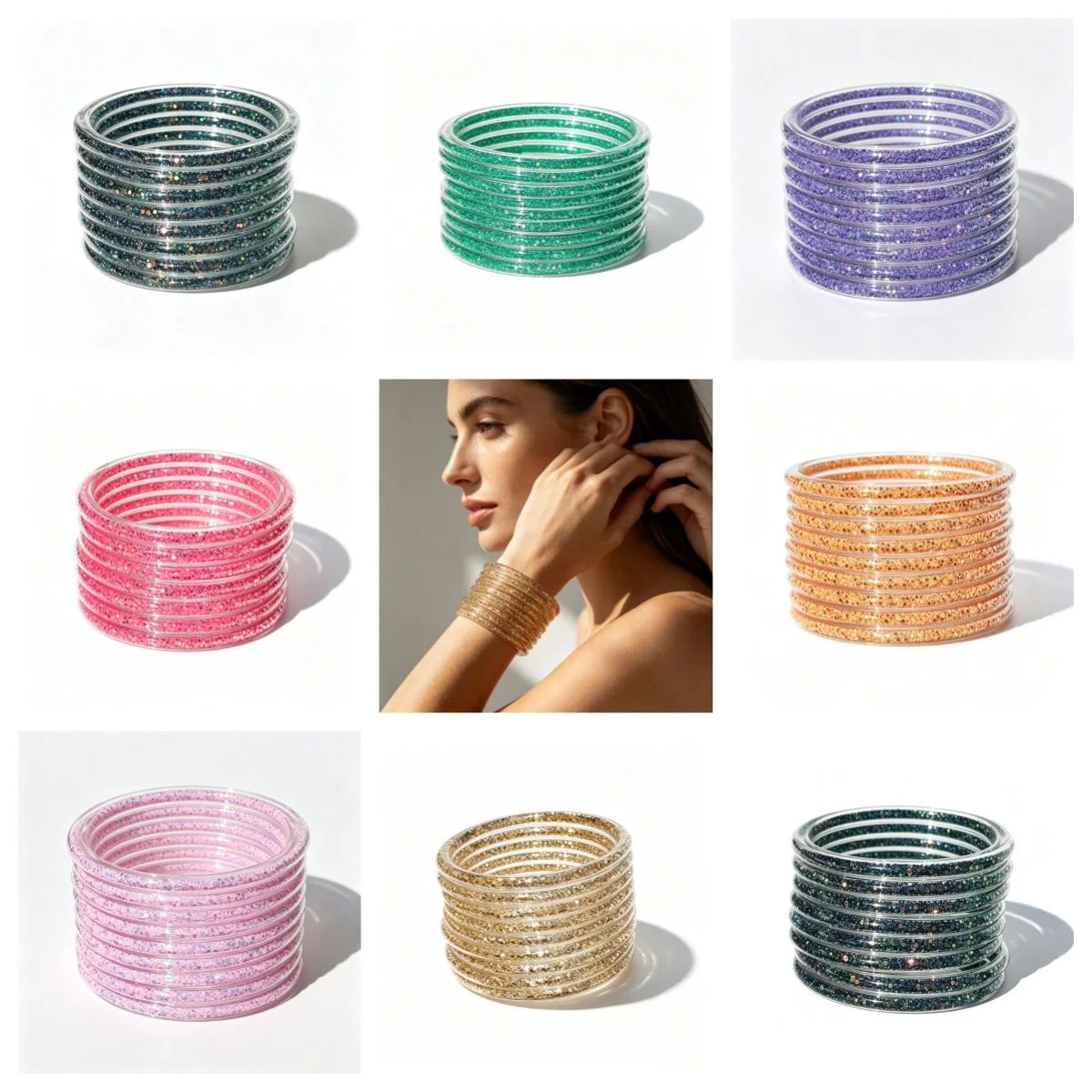 9Pcs/Set Glitter Sequin Bracelets Colorful Bangle Party Favors Festival Supplies European American Style Wristband Jewelry