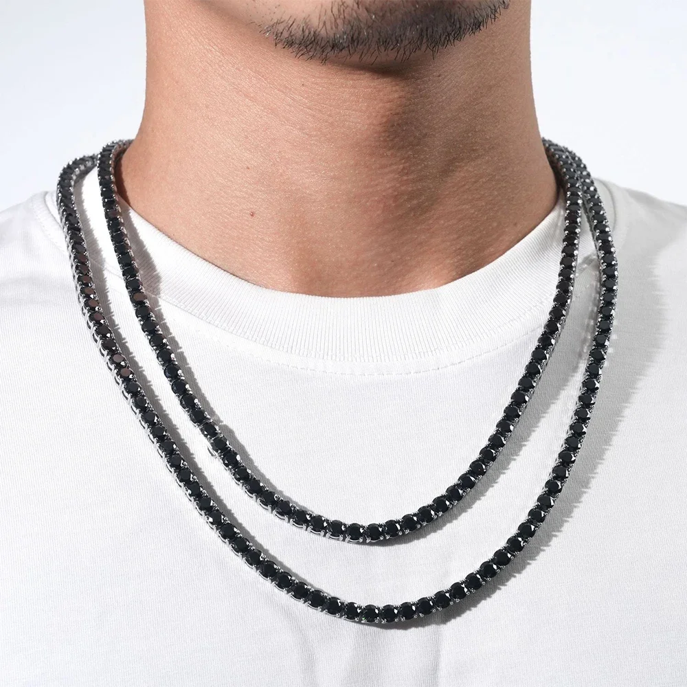 3/4/5/6.5mm Full‑Black‑Moissanite Tennis Necklace for Men Women, 925 Sterling‑Silver GRA‑Certified Lab‑Grown‑Diamond‑Look Hip‑Hop Jewelry, Ideal Gift for Him Her