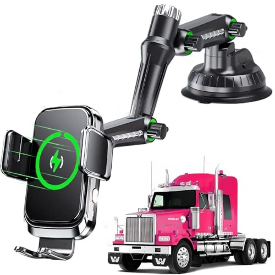 

Wireless car Charger Phone Mount Holder for Trucks and Large SUVs 10-Inch Long Arm 15W Qi2 Fast Charging Heavy Duty Truck Vacuu