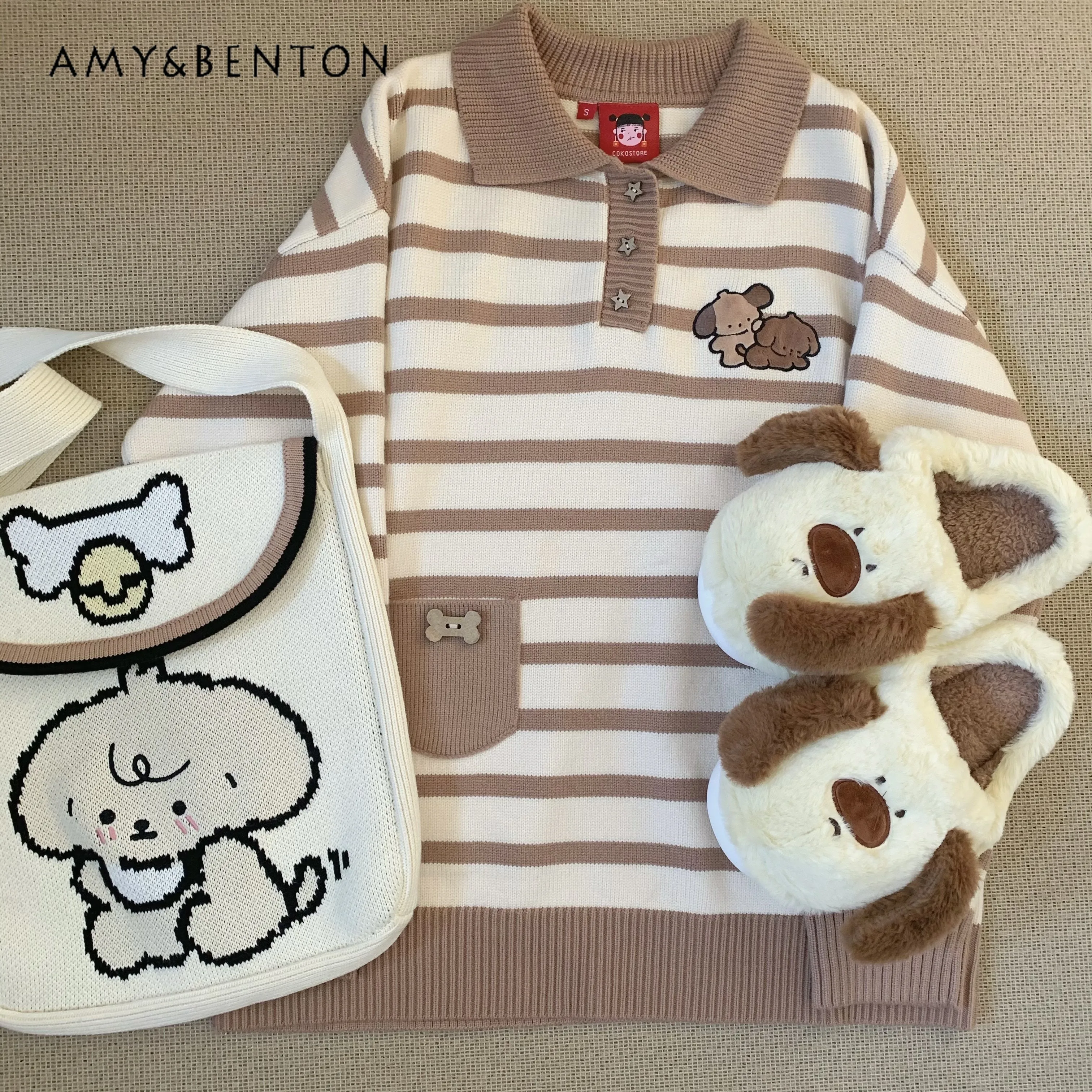 

Japanese Cute Sweet Cartoon Embroidered Striped Knitted Sweater Women Autumn Winter New Preppy Style Kawaii Lapel Loose Pullover