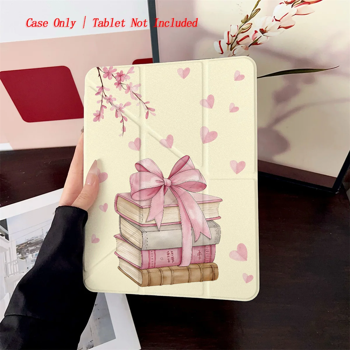 Elegant Y-Fold Acrylic Pink Cherry Blossom & Books iPad Case For Apple iPad Pro 11/12.9 Air 3/4/5 Mini 5/6 8th-10th Gen Cover