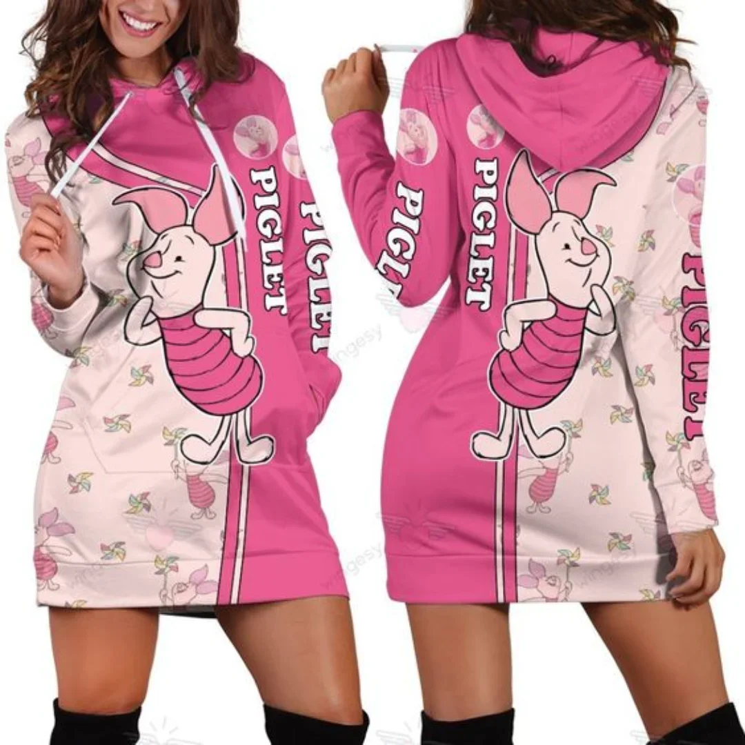 

New Disney Winnie the Pooh Piglet Hoodie Dress Sweater Fashion Disney Sweatshirt Dress 3D Allover Printed Hoodie For Women