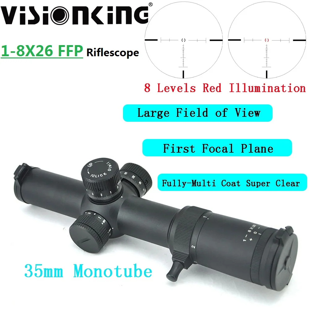 

Visionking Optics 35mm Scope 1-8x26 First Focal Plane Riflescope 1/10 MIL 0.1 MRAD Adjust Reticle Bezel Red Illuminated Hunting