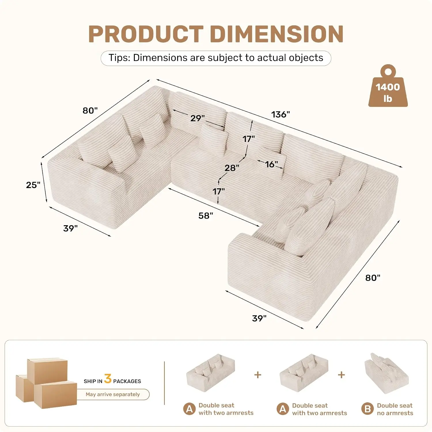 Oversized 136in Modular Sectional Sofa With Chaise, 6 Seater Boneless Lounge Couch, Customized
