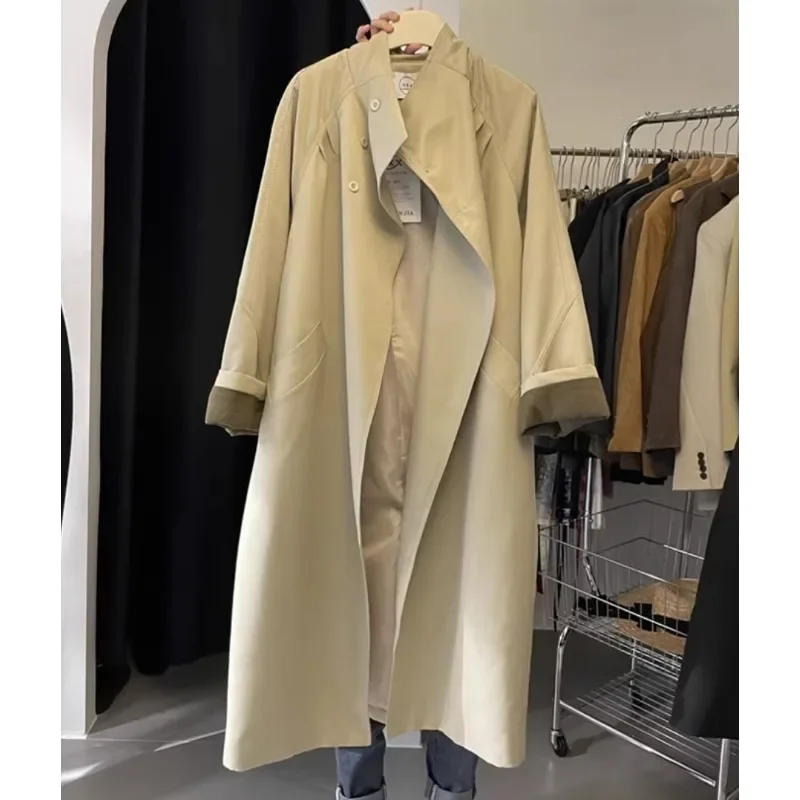 SuperAen 2024 Autumn New Korean Khaki Trench Coat Women's High-end Button-up Collar Long Coat