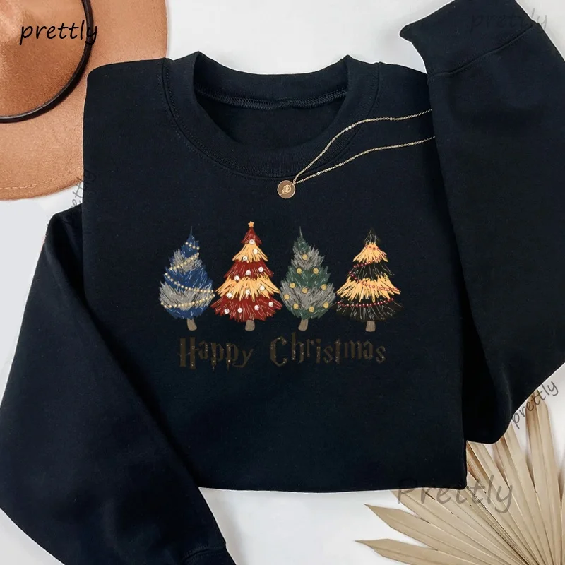 Happy Christmas Wizard Tree Sweatshirt Casual Pullover Crewneck Christmas Magical Hoodies Long Sleeve Women's Clothing Sweat