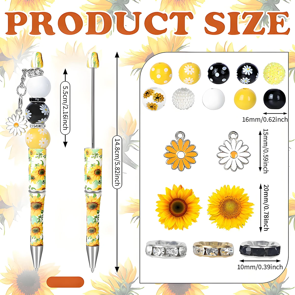6 Sets Sunflower Beadable Pens Bulk Plastic Beadable Assorted Bead Pens Wood Spacer Round Beads Black Ink Ballpoint Pen DIY Bead