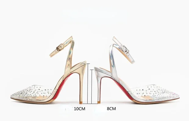 Sandalias de cristal doradas para mujer, zapatos de tacón alto Sexy, tacones de aguja con fondo rojo, calzado de noche con Rheinstone, Verano