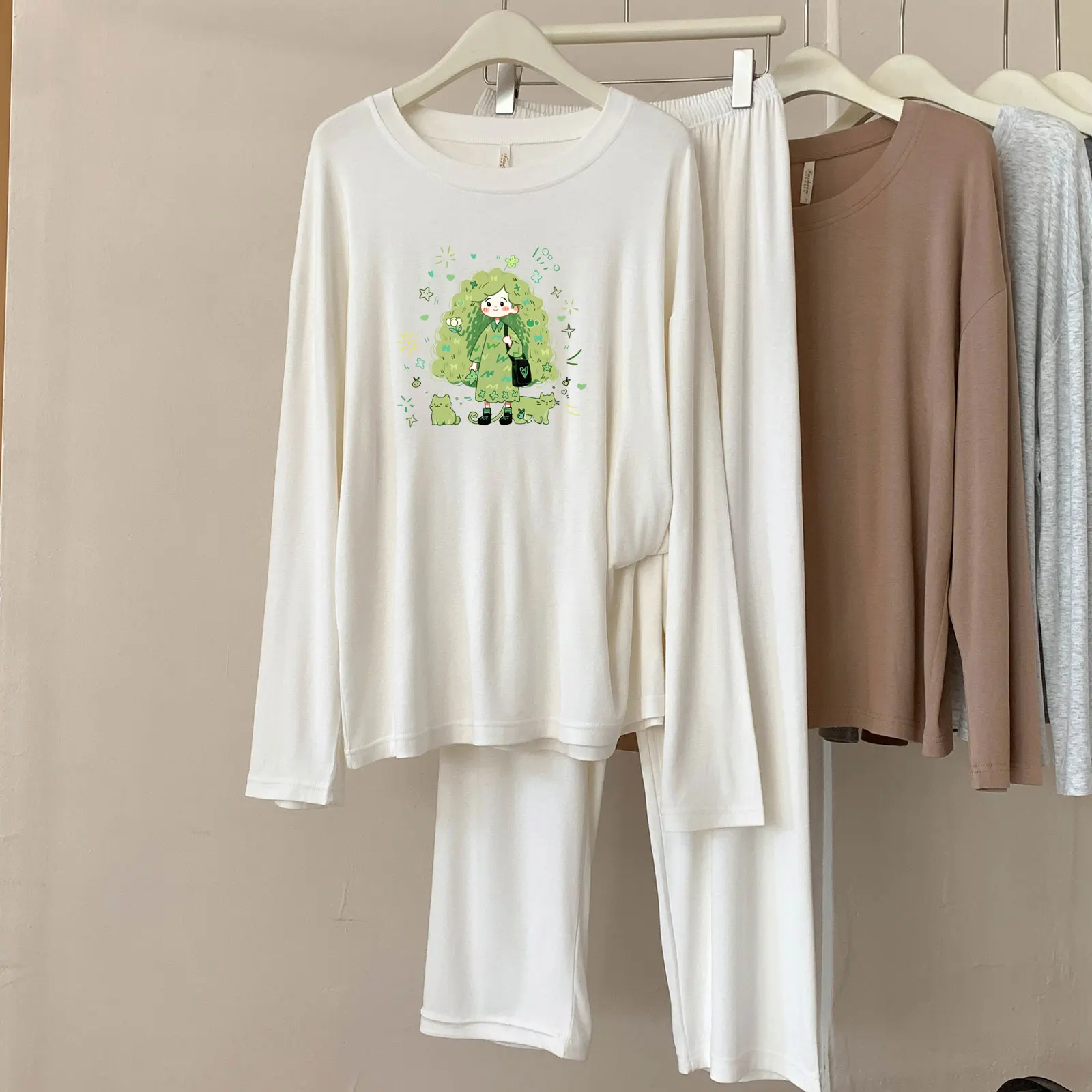 

A94 модальные пижамы женские весенне-осенние новые повседневные дышащие комплекты домашней одежды в клетку с круглым вырезом и длинными рукавами