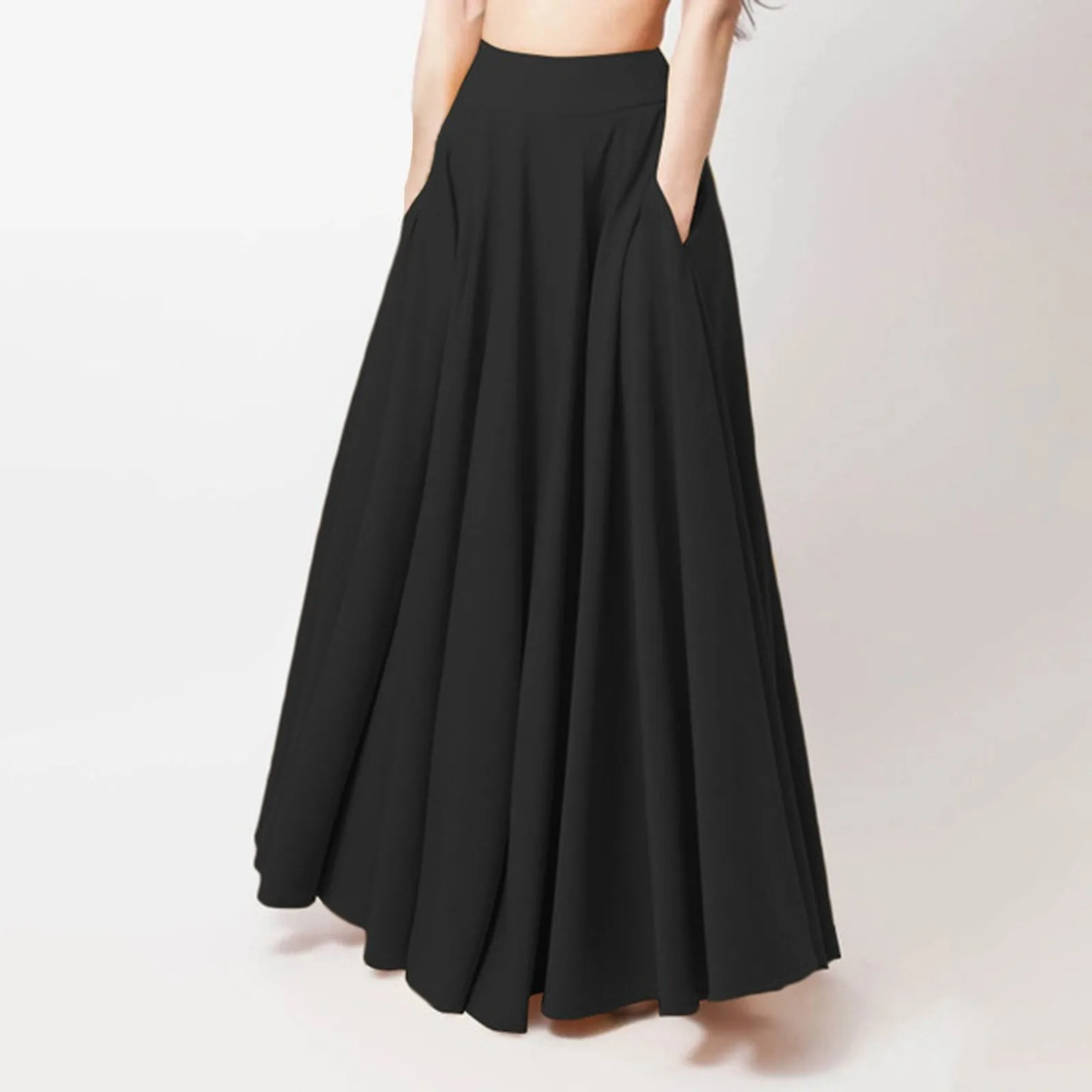 Dames maxi-rok met hoge taille A-lijn rok Elegante dames maxi-rok met hoge taille en zakken A-lijn effen kleur voor vrije tijd