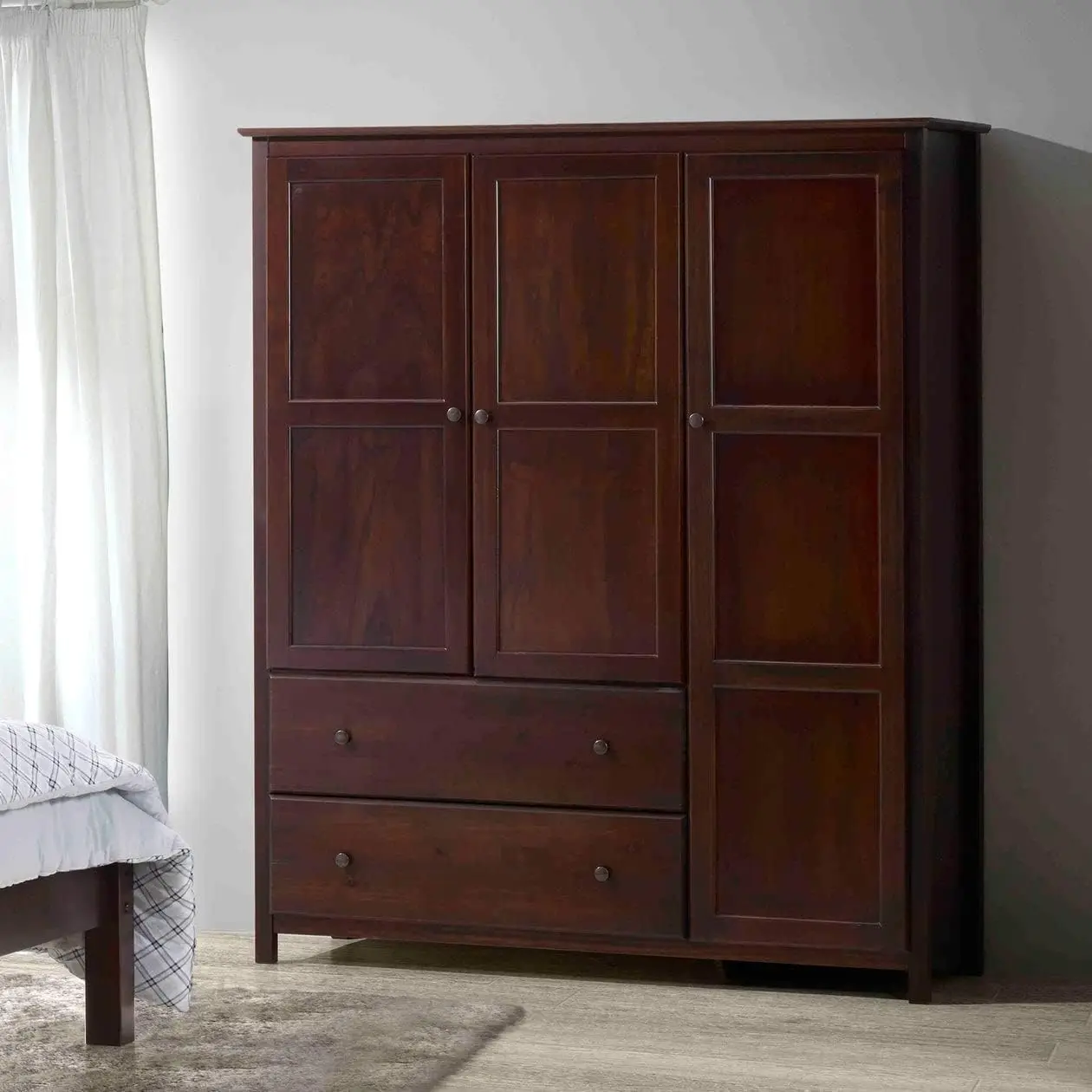 3 Door Wardrobe Solid Wood with Cherry Finish Drawers Feature Metal Glides and Replaceable Metal Knobs Solid Wood