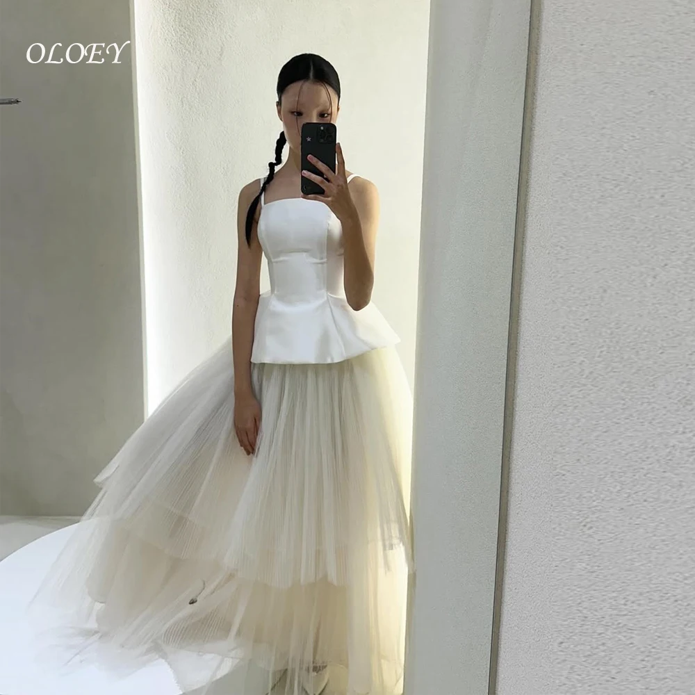 

OLOEY Simple Straps Pleat A Line Tulle Ivory Wedding Dresses Photoshoot Korea Bride Gowns Corset/Zipper Back Customized 웨딩드레