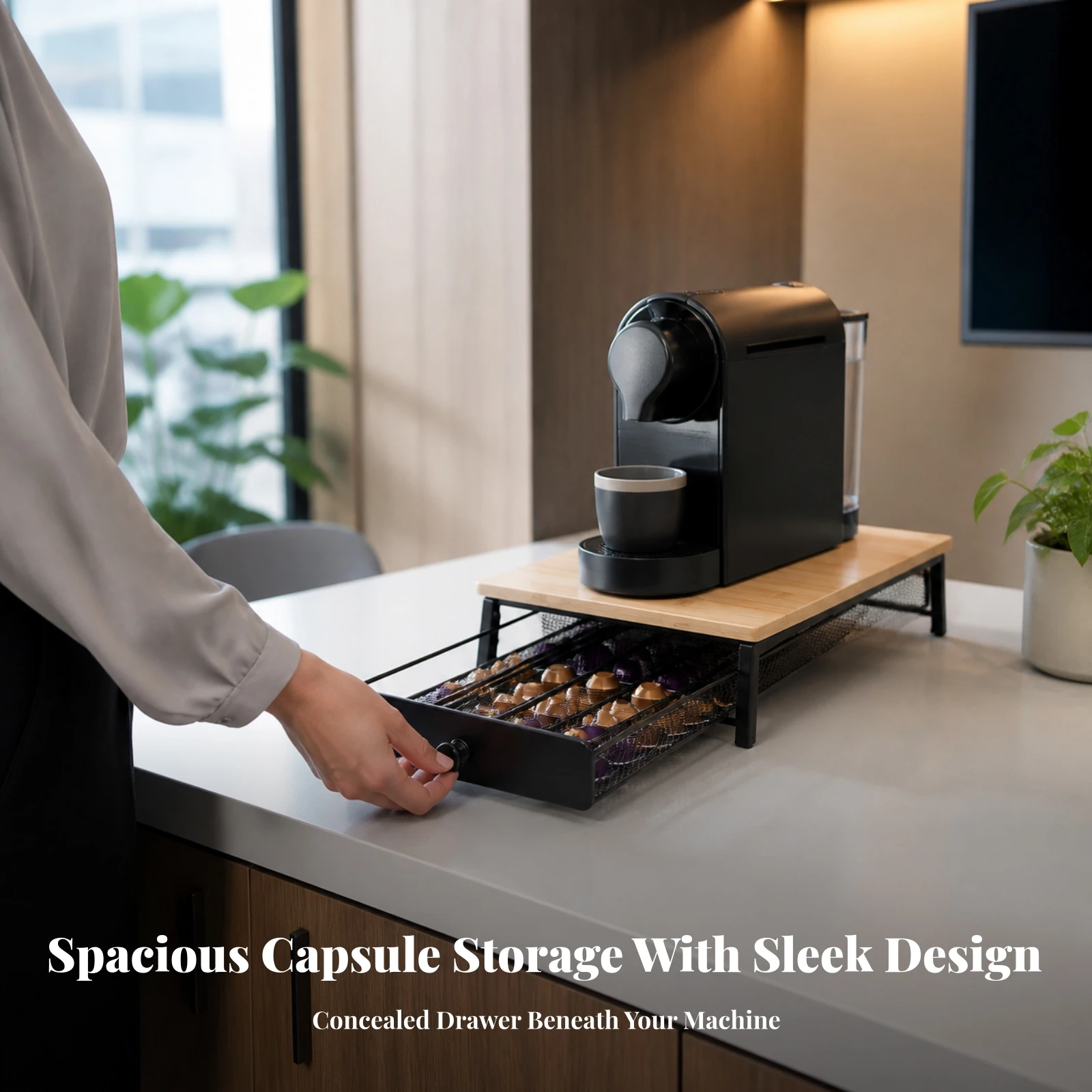 Coffee Capsule Drawer with Bamboo Top Compact Coffee Pod Holder with Wooden Board Stable Elevated for Kitchen Counter