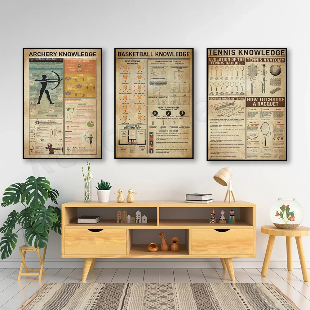 Vintage basketball knowledge print, archery, tennis player knowledge poster, tennis, basketball bow and arrow lovers gift