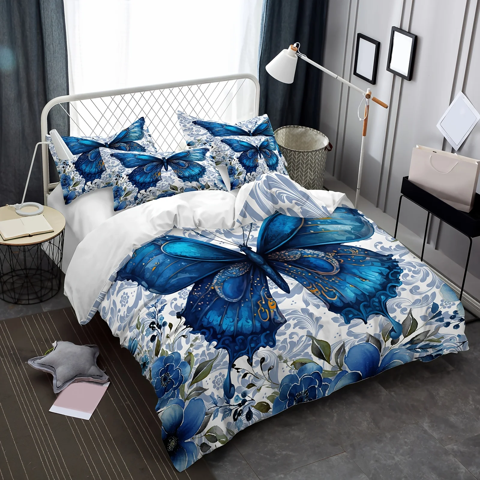

2/3pcs, Blue Brilliant Butterfly Pattern Quilt Cover Set, Washable Polyester Quilt Cover Soft and Comfortable for Bedroom