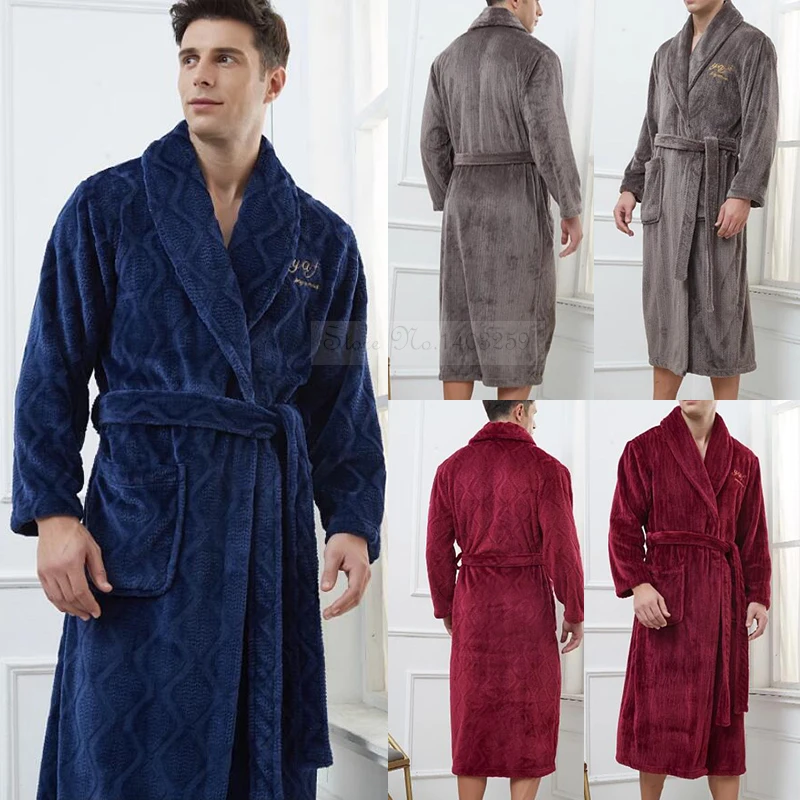 Thickened Sleepwear Kimono Bathrobe Men Flannel Winter Warm Coral Fleece Shower Robe Loose Home Wear Nighwtear Plus Size 3Xl 4Xl