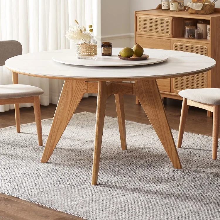 -ww L7115 Modern Simple Big Dinning Table Solid Oak Wood Sintered Stone Top Plate Dinning Table and Chair Set with  Turntable