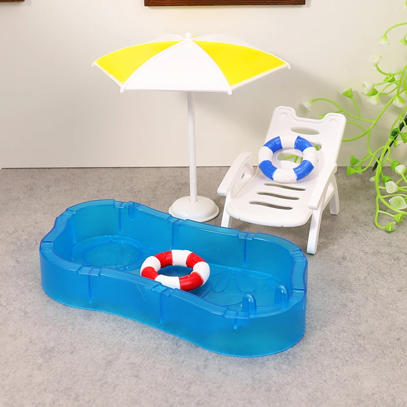 Novo 1 conjunto crianças jogar brinquedos casa de boneca simulação bonito mini piscina círculo praia cadeira kit modelo diy decoração