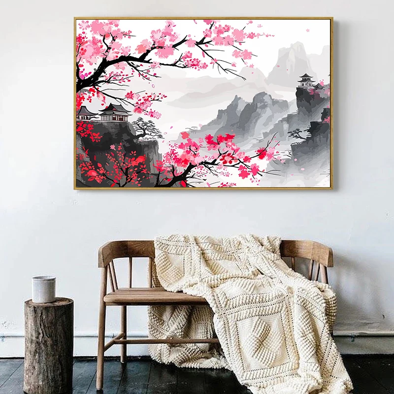 خمر اليابانية زهر الكرز الجبل المشارك طباعة الوردي زهرة المشهد حائط لوح رسم صورة فنية لغرفة ديكور المنزل #3