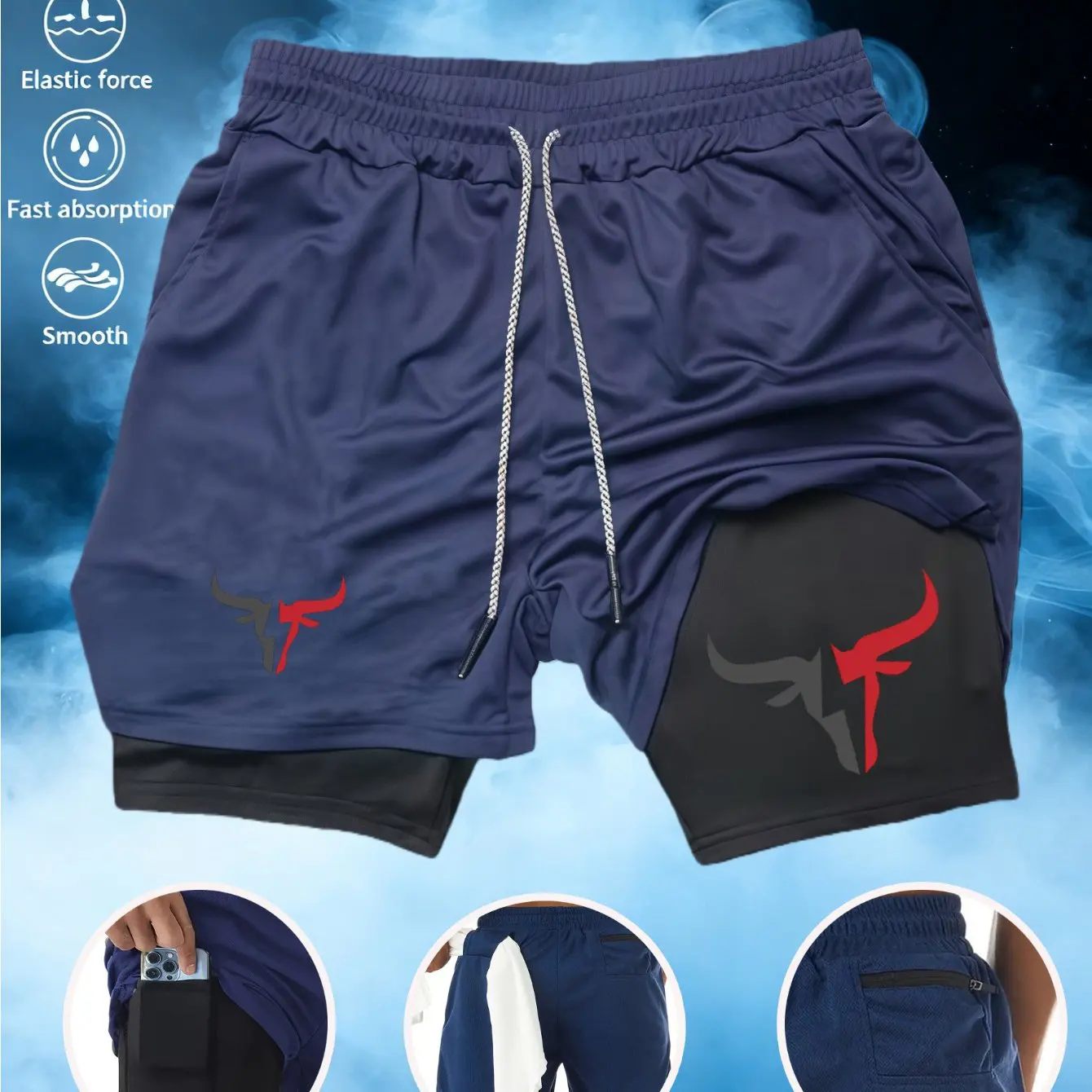 2026 New Men's Double-Layer Sports Shorts - Bull Head Design with Personalized Print, Interior Phone Pocket Towel Hanger Feature