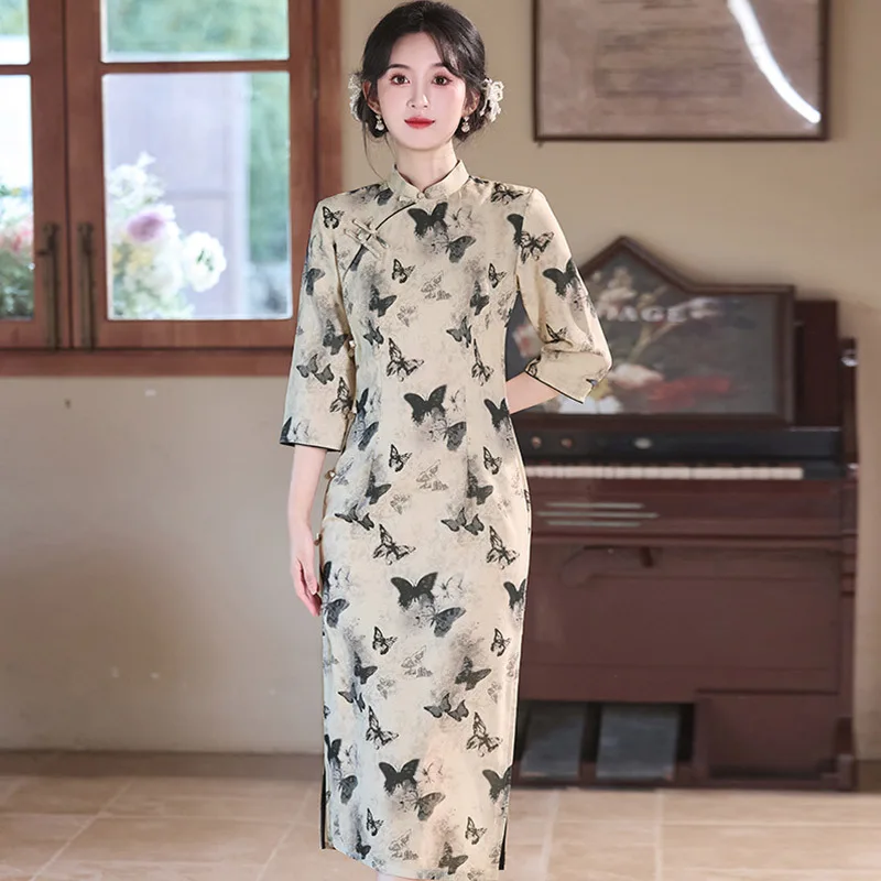 

Длинный китайский стиль с принтом бабочки, улучшенный Cheongsam с длинными рукавами, осенний женский ретро-стиль для похудения, весна Qipao