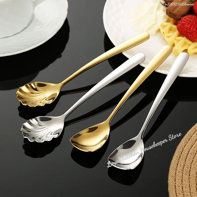 

Tableware Shell Shape Sugar Stainless Steel Silver Tea Coffee Spoon Teaspoon Ice Cream Flatware Kitchen Tool