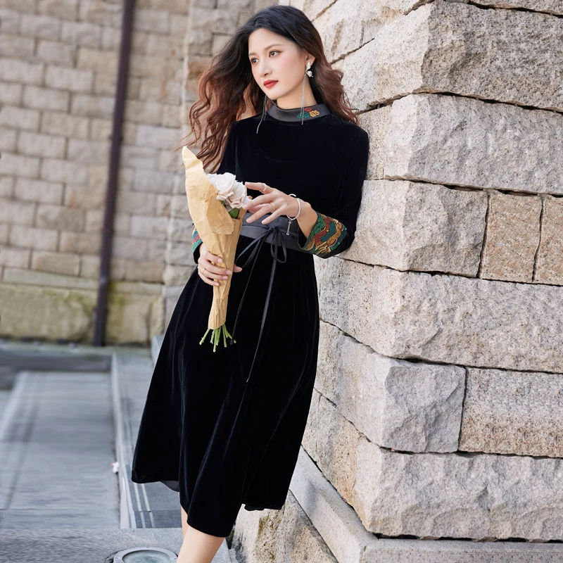 

TIYIHAILEY Free Shipping Women Long Mid-Calf Full Sleeve Autumn Dresses M-2XL Chinese Style Embroidery Stand Collar Velvet Belt