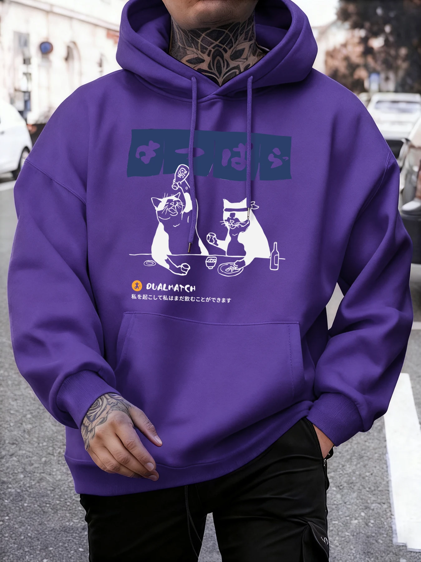 A Cat Drinking Late At Night Print Sweatshirt Herren Fleece All-Match Pullover Herbstkleidung Unisex Lose Mehrfarbige Hoodies