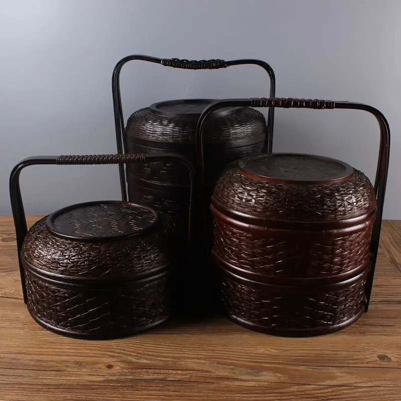 Vintage Bamboo Cabas Single Layer Double Layer Food Container Bamboo Storage Basket Tea Set Storage Box with Lid Cabas