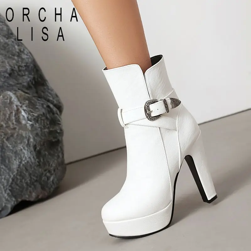 

ORCHA LISA Модные женские ботильоны с круглым носком 12 см на высоком каблуке 3 см на платформе на молнии для свиданий Botas расширенный размер 41 42 43 зима