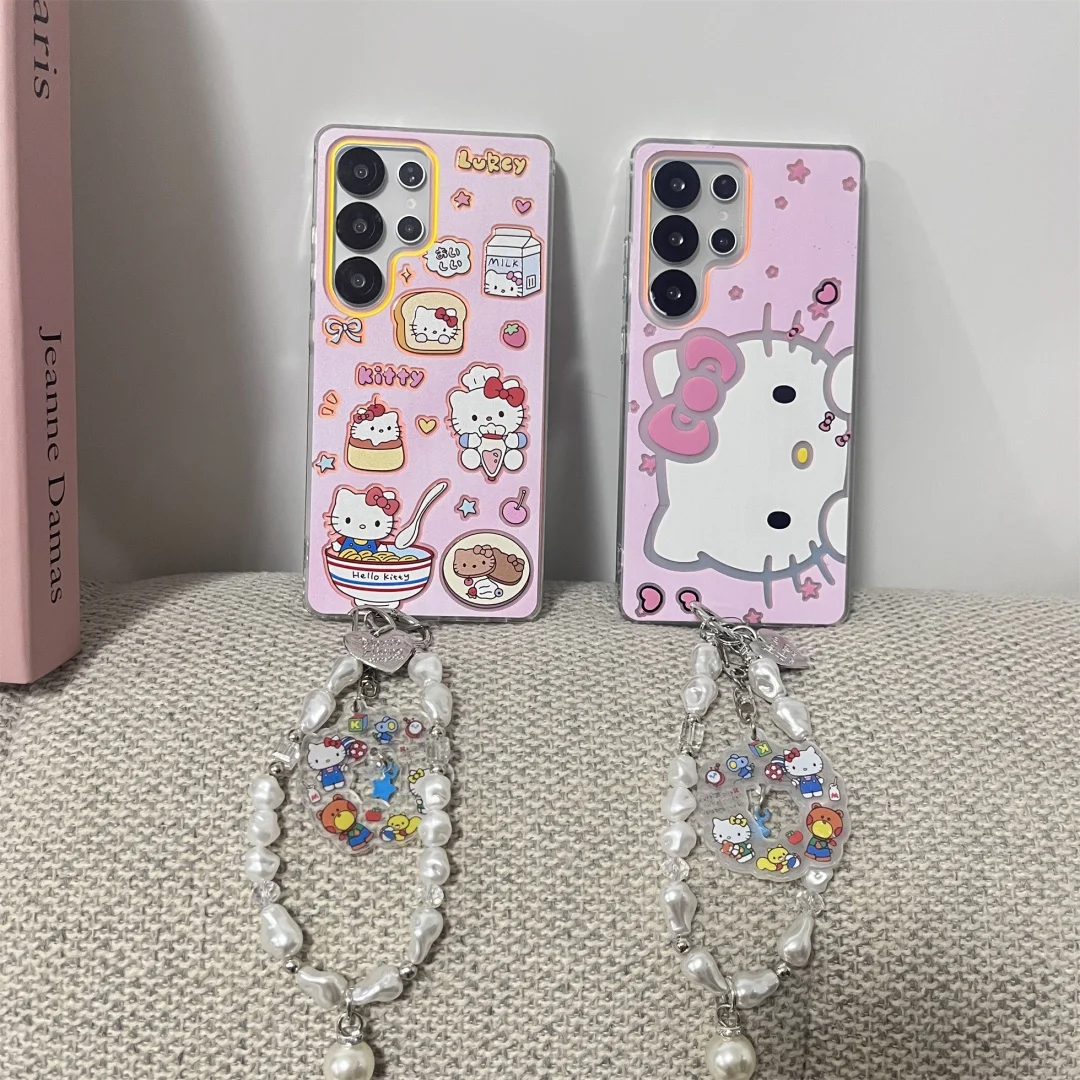 

Cute Cartoon Hello Kitty Wrist Chain Case for Samsung Galaxy S25 S24 Ultra S23FE S22 Plus A54 A55 A35 A15 A16 Bumper back Cover﻿
