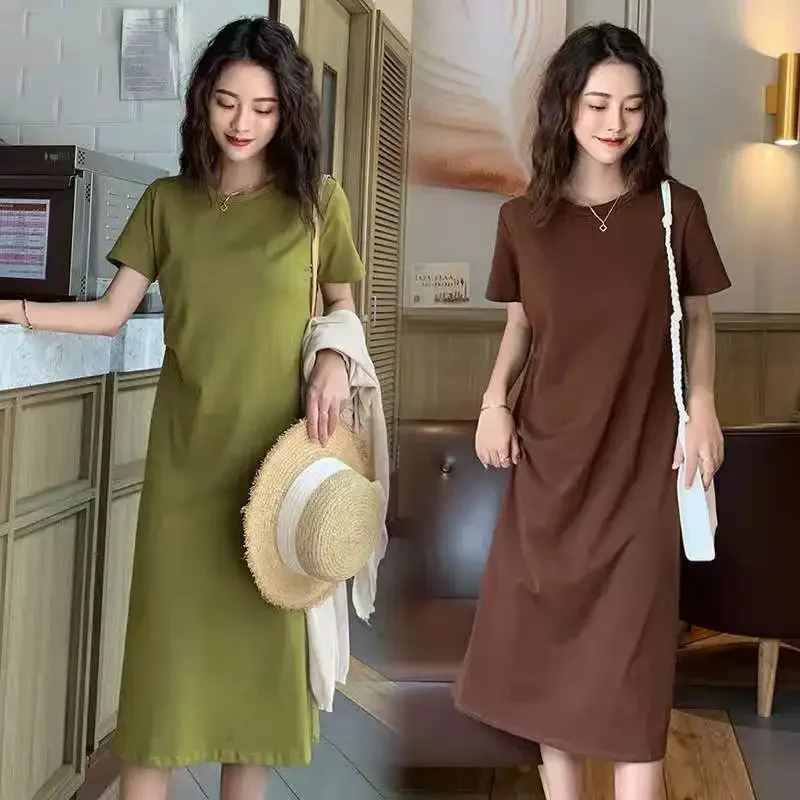 

Korean Version of The Bottoming Dress in The Long Section of The Summer New Loose Thin Knee-Length Skirt Short-Sleeved Dresses