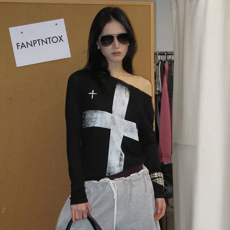 GG Sexy Spice Girl Ins Women T-shirt Europe America Cross Printed Pullover Tee Spring Diagonal Collar Slim Long Sleeved Tops