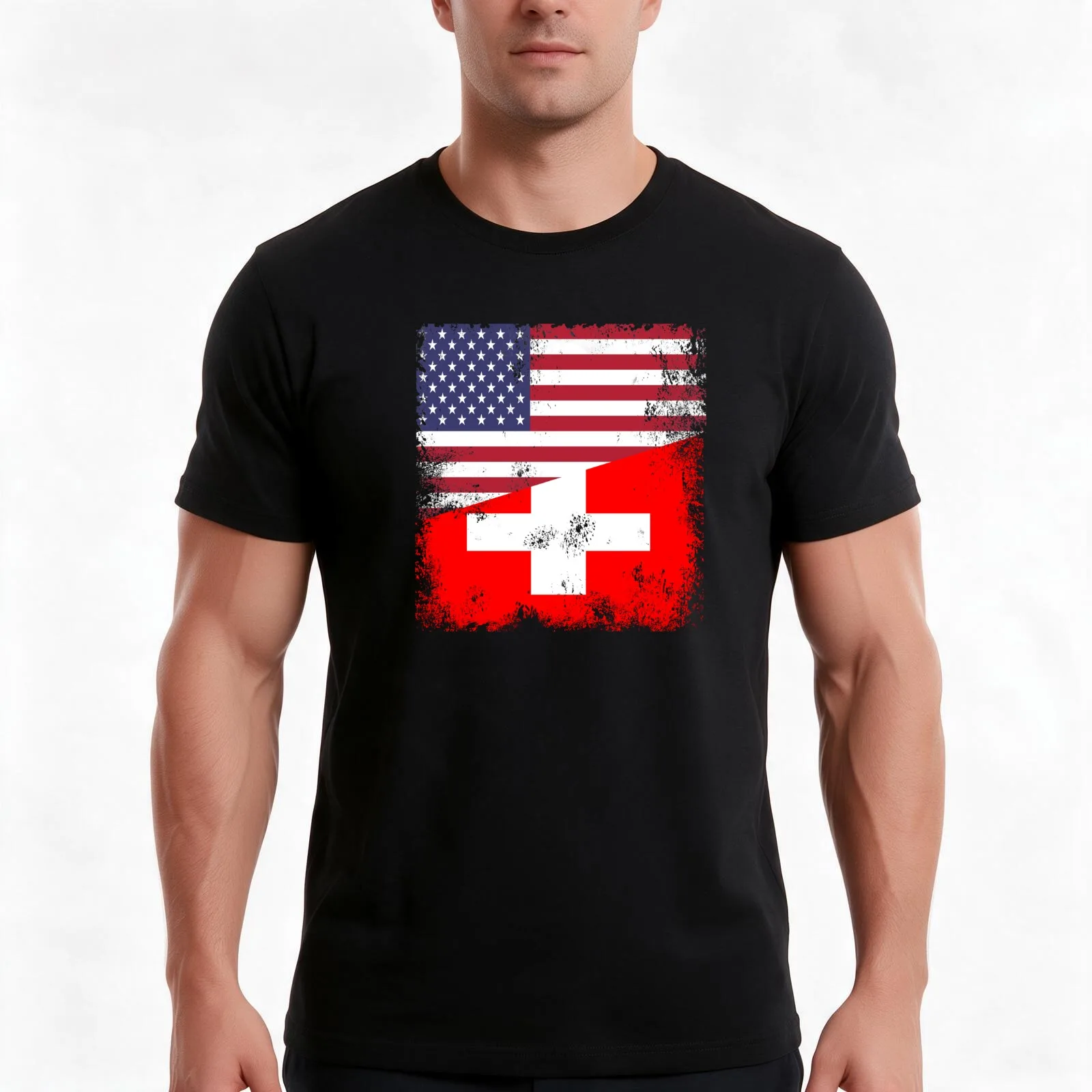 Half Swiss Flag Design | Vintage Switzerland USA Gift T-Shirt Summer Casual Cotton Tee Oversized Streetwear Tops 100% Cotton