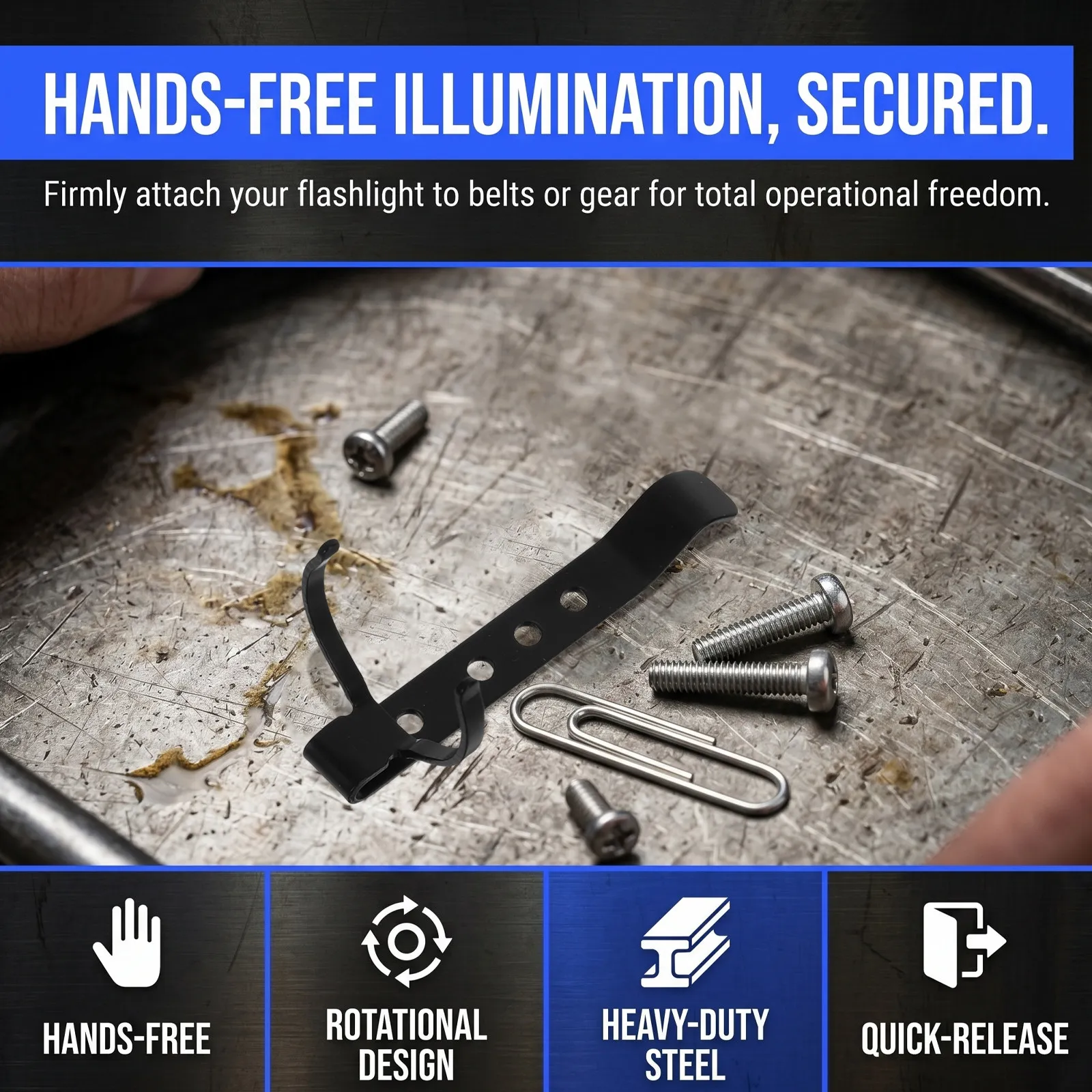 2Pcs Heavy Duty Iron Flashlight Clip Belt Holder Waist Clip Quick Release 360 Rotation Utility Outdoor Camping Hiking