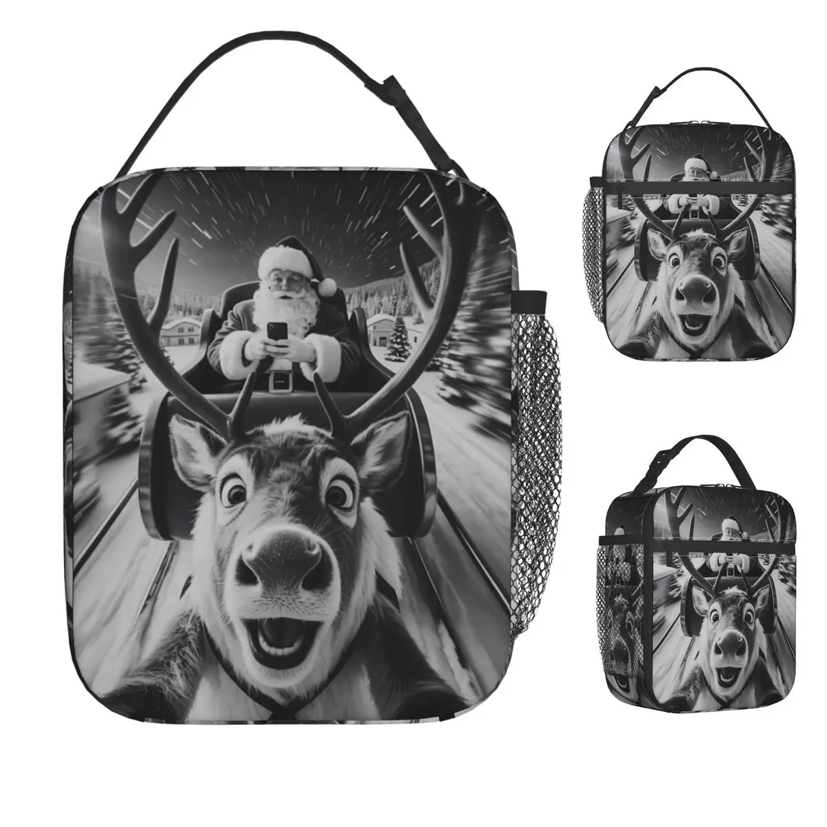 

Santa And Reindeer Selfie Funny Christmas Lunch Bag Retro Lunch Box Beach Portable Thermal Tote Handbags Graphic Cooler Bag