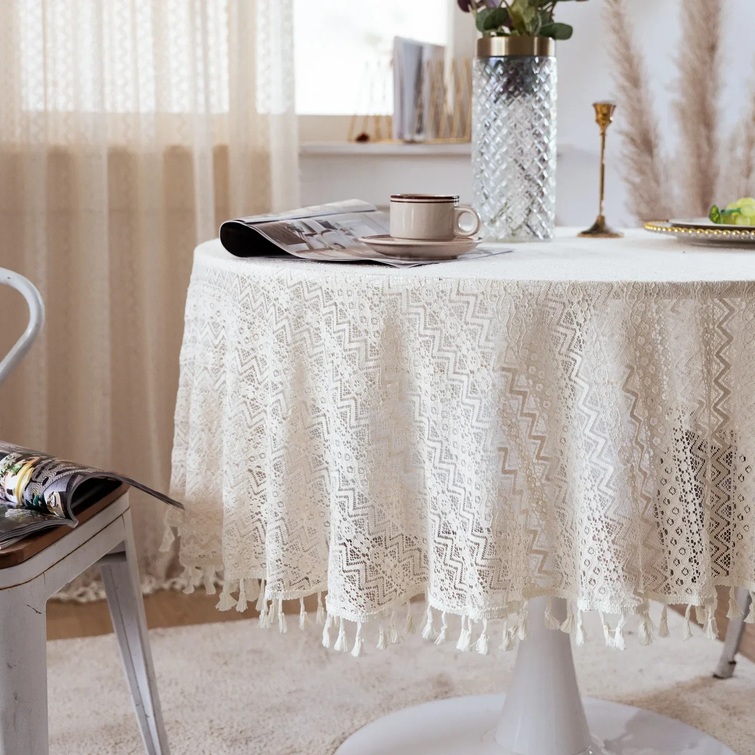 

American Pastoral Crochet Tassel Round Tablecloth Beige Hollow Tablecloth Shooting Background Table Cover Round Table Cloth