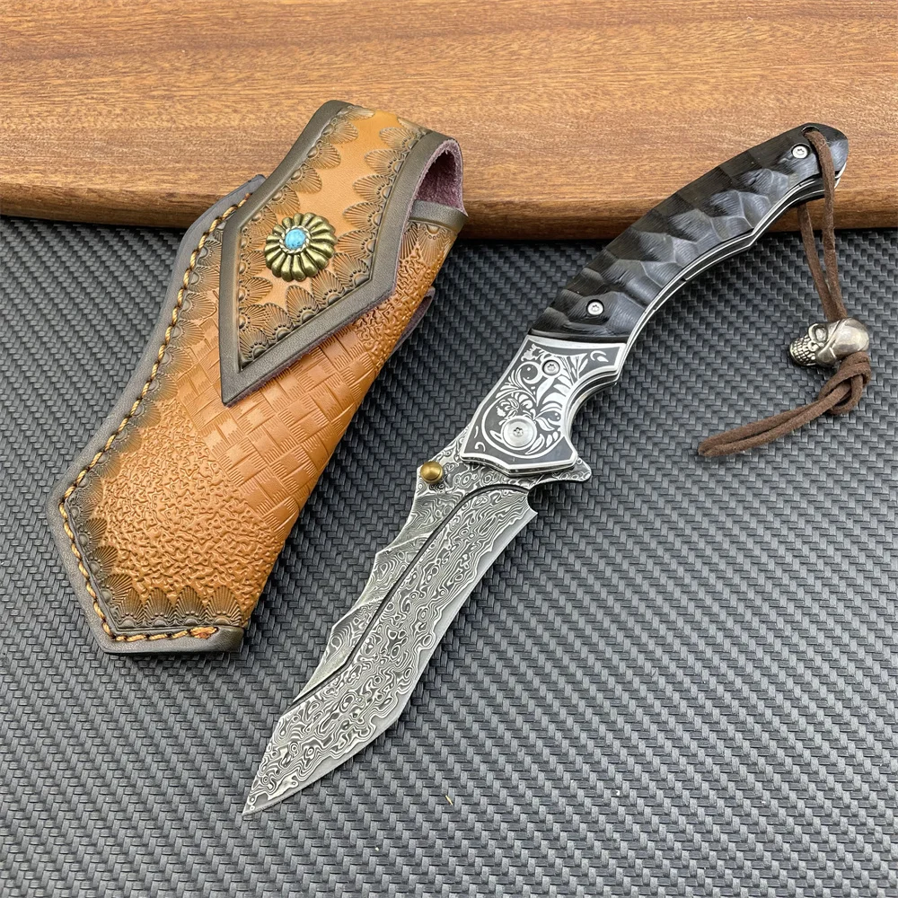 Damascus Ebony Handle Folding Pocket Knife Sheath Outdoor Survival Camping Knives Hunting Tactical Tool Anniversary Man's Gifts