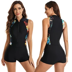 Sleeveless Rash Guard Women Print Swimwear Shorts Panties One Piece Swimsuit Zipper Surfing Suit Pad Bathing Suits UV Protect