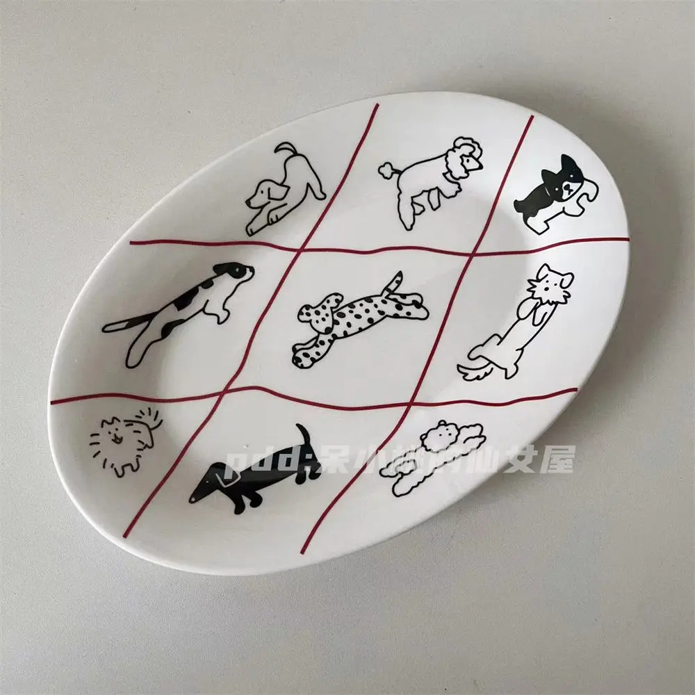 Cartoon Korean Breakfast Plate Instagram Style Cute Line Cat Dog Ceramic Oval Plate Household Dessert Tableware Dish Set